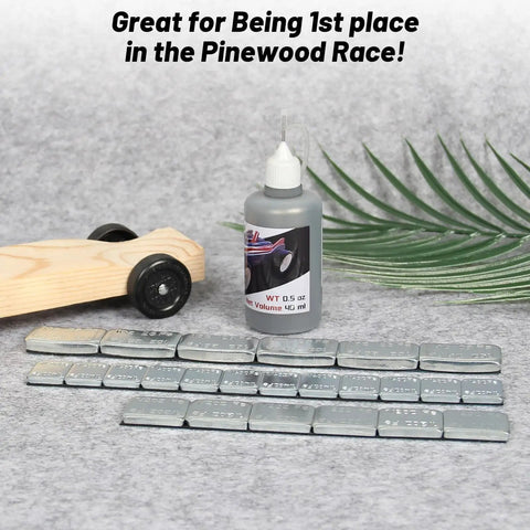 Derby Car Weight Kit With Twenty Four Adhesive Weights In Quarter Half And One Ounce Sizes Plus Forty Milliliter Graphite Lubricant Powder For Derby Cars Safe Non Toxic Easy Stick On Weights shown with weights and graphite bottle