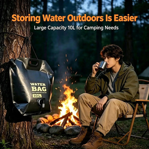 Heavy Duty Portable Camping Water Bag With Spigot for Outdoor Drinking near campfire, 10L black, hanging on tree.
