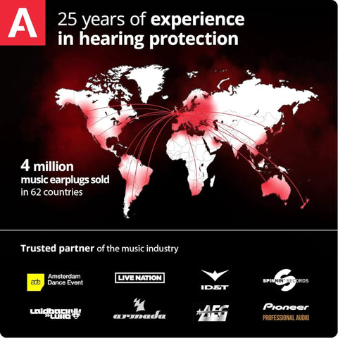 Map showing global reach of PartyPlug Ear Plugs For Concerts And Clubbing With 21dB Noise Reduction, music industry partners.