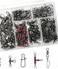 110 Piece Strong Fishing Snap Swivel Kit With Rolling Barrel Swivels 3 Way Line Connectors And Clips In A Tackle Box