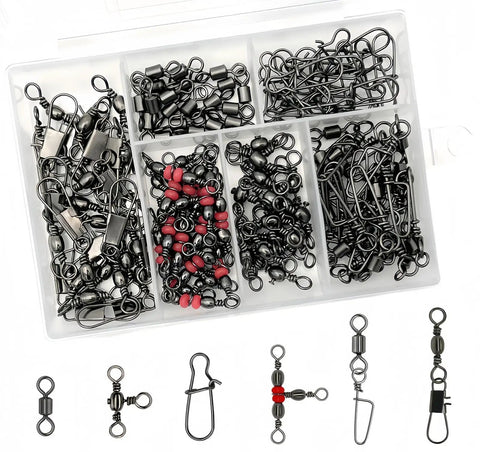 110 Piece Strong Fishing Snap Swivel Kit With Rolling Barrel Swivels 3 Way Line Connectors And Clips In A Tackle Box