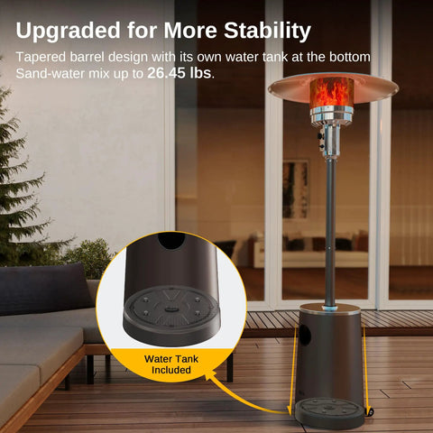Massive 50,000 BTU Patio Heater With Table Design, Sand Box, Dual Layer Stainless Steel Burner, Wheels, Triple Protection System, Outdoor Heater For Home And Backyard CSA And ETL Certified For Safe Outdoor Use, water tank feature shown