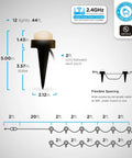 Diagram of VIBE Mini Landscape Lights Kit with 12 small pathway lights, 22 ft cord, and flexible spacing for outdoor use rated 2.4GHz.