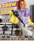 No Stress Deep Clean Handheld Steam Cleaner With 1200 Watt Fast Heat And Ten Tough Attachments For Household Jobs That Really Breaks Down Grease On Grout Tile Windows Plus Car Interiors in use on a stove, eliminating dirt and grease.