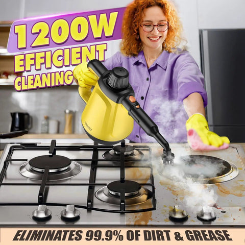 No Stress Deep Clean Handheld Steam Cleaner With 1200 Watt Fast Heat And Ten Tough Attachments For Household Jobs That Really Breaks Down Grease On Grout Tile Windows Plus Car Interiors in use on a stove, eliminating dirt and grease.