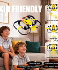 Mini Indoor Micro Drone For Kids With Cool LED Lights And 3 Speed Modes flying in living room, young boys watching excitedly