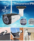 Outdoor WiFi 1080P Security Camera With Two Way Audio Motion Detection And Night Vision ONVIF IP Surveillance Cam For Indoor And Outdoor Use No Brainer Install And Remote Viewing shown in various outdoor settings emphasizing IP66 waterproof feature.