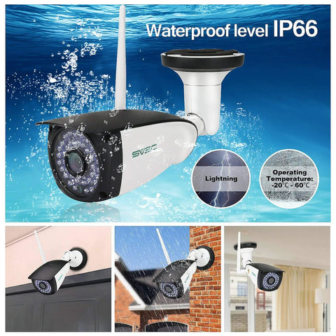 Outdoor WiFi 1080P Security Camera With Two Way Audio Motion Detection And Night Vision ONVIF IP Surveillance Cam For Indoor And Outdoor Use No Brainer Install And Remote Viewing shown in various outdoor settings emphasizing IP66 waterproof feature.