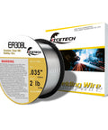 ER308L Pro Grade Stainless Steel MIG Welding Wire.035 Inch Diameter 2 Pound Spool Silver For All Positions With Smooth Feeding And Stable Arc Low Spatter And Great Crack And Corrosion Resistance, shown with packaging.