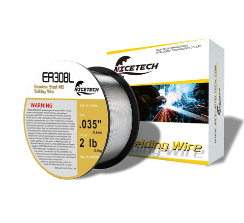 ER308L Pro Grade Stainless Steel MIG Welding Wire.035 Inch Diameter 2 Pound Spool Silver For All Positions With Smooth Feeding And Stable Arc Low Spatter And Great Crack And Corrosion Resistance, shown with packaging.