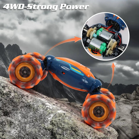 4WD Gesture Control RC Stunt Car For Kids demonstrating off-road capability with exposed internal gear mechanism, orange-blue design