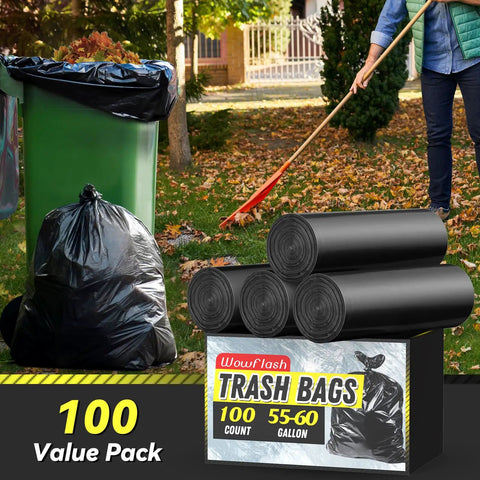 100 Count 55 To 60 Gallon Black Trash Bags Heavy Duty Tear Resistant And Extra Sturdy Commercial Can Liners For Big Jobs Like Lawn And Leaf Cleanup Outdoor Waste Hauling