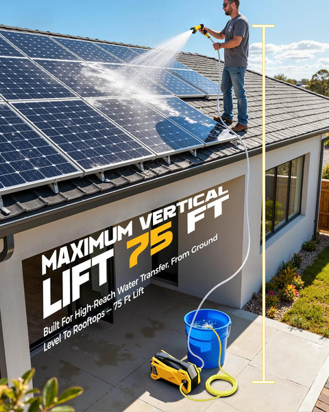 Man using Cordless Water Transfer Pump With 9.6 GPM Flow, Dewalt 20V Battery Compatible for rooftop cleaning from ground.