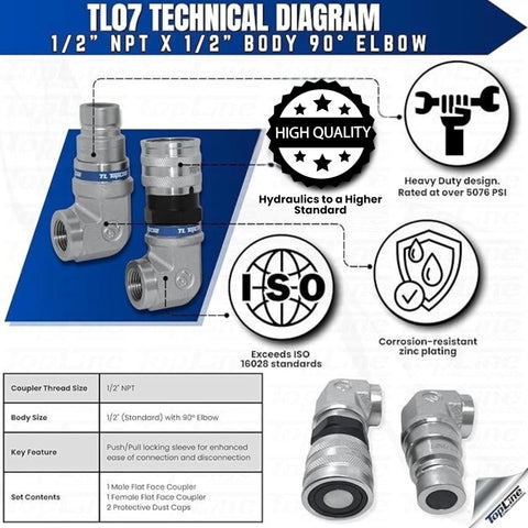 TL Topline 1/2in NPT hydraulic quick-connect coupler with 90° elbow (2 pcs), ISO 16028, dust caps