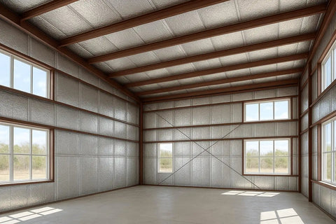 Heavy Duty 24 By 50 Ft Reflective Insulation Roll With R17 Foam Core Radiant Barrier installed in a spacious room with windows.