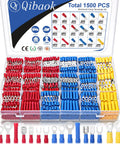 Qibaok 1500pc insulated copper wire terminal kit in clear case; front view with red, blue and yellow connectors