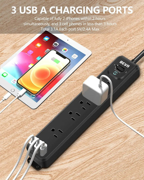 Two Pack Surge Protector Power Strips With 10 Foot Heavy Duty Extension Cord, Five Widely Spaced Outlets And Three USB Ports (One USB C), shown with devices charging