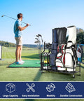 Garage Golf Storage Rack For Three Bags Keeps Clubs Balls Shoes And Gear Neatly Organized Heavy Duty Golf Equipment Organizer For Home Garage Space Now next to golfer practicing on green.