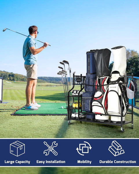 Garage Golf Storage Rack For Three Bags Keeps Clubs Balls Shoes And Gear Neatly Organized Heavy Duty Golf Equipment Organizer For Home Garage Space Now next to golfer practicing on green.