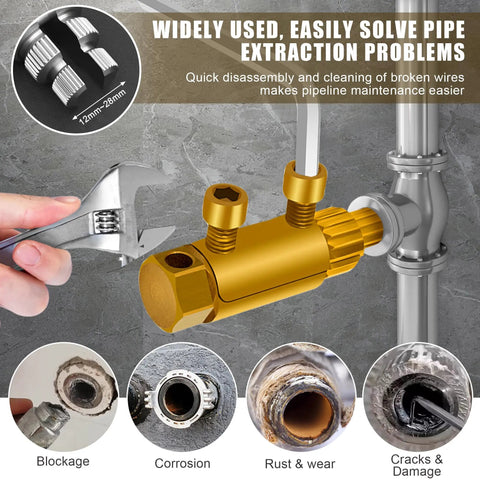 Close-up of Two Pack Stripped Screw Extractor Set for Damaged Faucets and Pipes, Heavy Duty Bolt and Thread Tool with wrench and pipe.