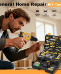 Heavy Duty 299 Piece Tool Kit With 12V Cordless Drill And Spacious Sliding Drawer Case showing a man using the drill for DIY tasks.