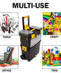 Image of a rolling tool box with wheels and foldable comfort handle, showing multiple uses for tools, craft, office, and toys.