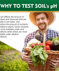 All In One Soil pH Test Kit With 125 Strips 3 To 9 pH Range Fast And Accurate Readings For Gardens Lawns Farms Grass Flowers Veggies Compost And Indoor Plants No Fuss Testing. Smiling man holding a basket of fresh vegetables with text on soil pH importance.