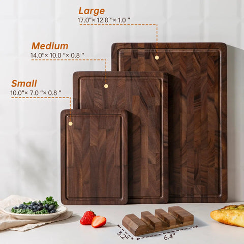 Heavy Duty End Grain Walnut Cutting Board Set Premium Wood Chopping Block For Kitchen Cooking Food Prep showing large, medium, and small boards.