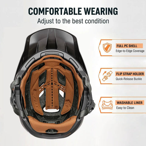 Top view of EMTB Mountain Bike Helmet NTA8776 Certified With Triple Protection, showing interior padding and features, Matte Black Medium.