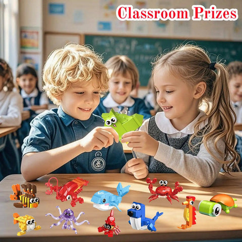 Children assembling Mini Ocean Animals Building Blocks Party Favor Kits For Kids, 24 Pack Goodie Bag Stuffers in classroom setting.