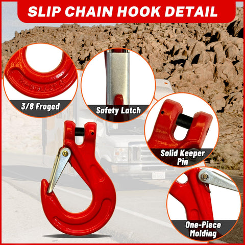 2 Pack G80 Clevis Slip Hooks 5 16 Inch Heavy Duty Chain Hooks forged detail with safety latch and keeper pin for trailers