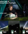 Man using Grab And Go Weather Radio With AM FM NOAA Alerts Hand Crank Emergency Power in tent, flashlight modes demonstration