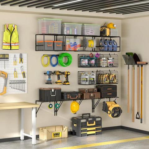 Heavy Duty Garage Wall Shelf With Wire Baskets, Tool Rack And Hooks, Durable Wall Mounted Storage for home organization