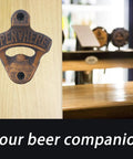 Antique Gold Cast Iron Wall Mounted Beer Bottle Opener With Rustic Hand Painted Finish Built For A Badass Backyard Bar Setup And Heavy Duty Outdoor Bottle Puller on wooden surface.