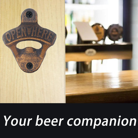 Antique Gold Cast Iron Wall Mounted Beer Bottle Opener With Rustic Hand Painted Finish Built For A Badass Backyard Bar Setup And Heavy Duty Outdoor Bottle Puller on wooden surface.
