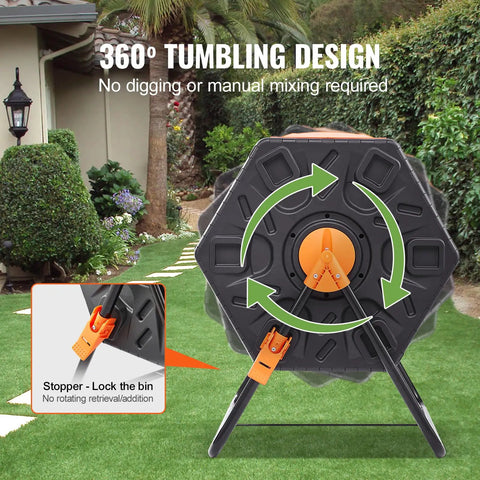 18.5 Gallon Compost Tumbler With Sliding Door, Space Saving Single Chamber, Steel Frame, in garden showing tumbling design