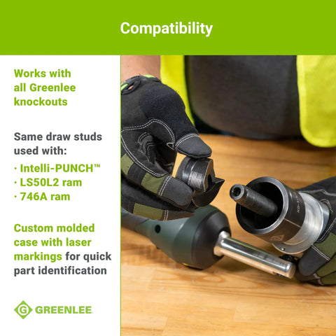 Person assembling 11 Ton Battery Hydraulic Knockout Punch Kit With Slugbuster on a workbench, showcasing compatibility details.