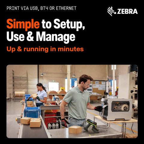 Person using ZT620 6 Inch Thermal Industrial Printer With 203 DPI No Ink Required USB Serial Ethernet Bluetooth 4.1 Touch Color LCD in warehouse