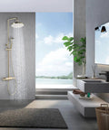 UMJIGF 10 Inch Shower System Brushed Gold Shower Faucet Set Wall Mounted Brass Shower Combo Set in modern bathroom with waterfall shower