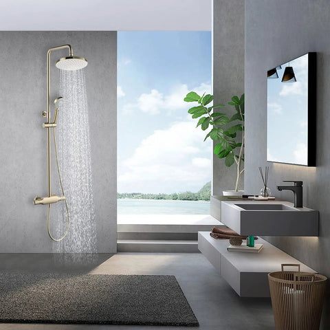 UMJIGF 10 Inch Shower System Brushed Gold Shower Faucet Set Wall Mounted Brass Shower Combo Set in modern bathroom with waterfall shower