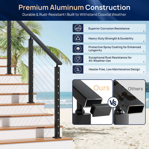 Premium Aluminum Construction of 2 Pack 9 Ft Black Aluminum Handrail with Self Drilling Screws Aama 2604 Coated, ideal for coastal weather.