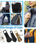 Zipper Repair Kit For Size Five Zippers, 76-Piece Auto Lock Pulls With Bottom And Top Stops, shown fixing various items.