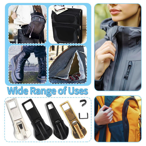 Zipper Repair Kit For Size Five Zippers, 76-Piece Auto Lock Pulls With Bottom And Top Stops, shown fixing various items.