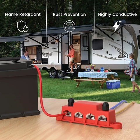 Built Like A Tank 12 Volt 250A Bus Bar And Power Distribution Block With Durable Cover For Marine Automotive Rv Solar Rig Featuring Fire Retardant Nylon Housing And M10 Terminals In Red Black Set, mounted next to a battery.