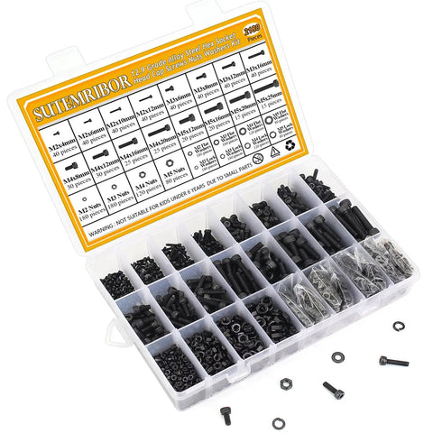 Tough As Nails 2180 Piece Metric Hex Socket Head Cap Screws Nuts Washers Assortment Kit Black oxide steel fasteners in storage box.