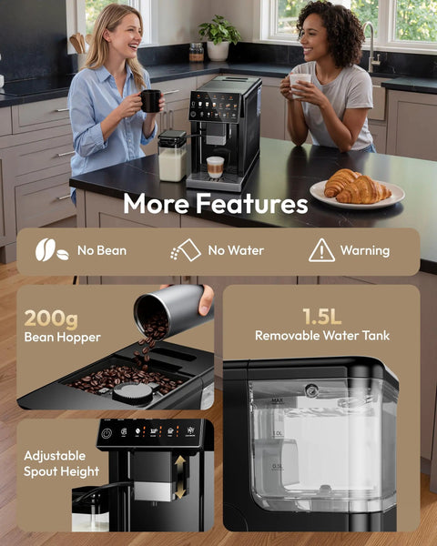 Smooth Morning Shots With This Fully Automatic Espresso Machine Featuring Built In Grinder Milk Frother Touch Screen Display Auto Self Clean 15 Settings 20 Bar Pressure Brews Daily Grinds with two women enjoying coffee.