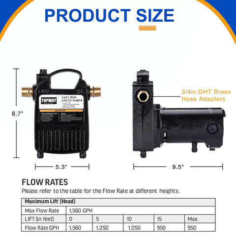 Front and side view of Beast Of A Portable Cast Iron 1/2 HP Water Transfer Pump With Built-In On Off Switch, showing dimensions