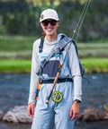 Person wearing fishing gear with Mag Grab Rod Rack Magnetic Fishing Rod Holder Black Quick-Access One-Hand Mount attached