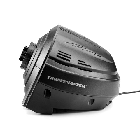 Side view of Thrustmaster T300RS GT wheel base in black with logo and vents.