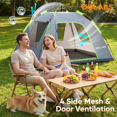 Two Person No Fuss Instant Camping Tent With 60 Second Setup And Pre Attached Pole with people and picnic setup outdoors